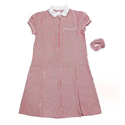Girls Checked Red School Uniform Pleated Gingham Summer Dress+Hair Bobble 9-10Y