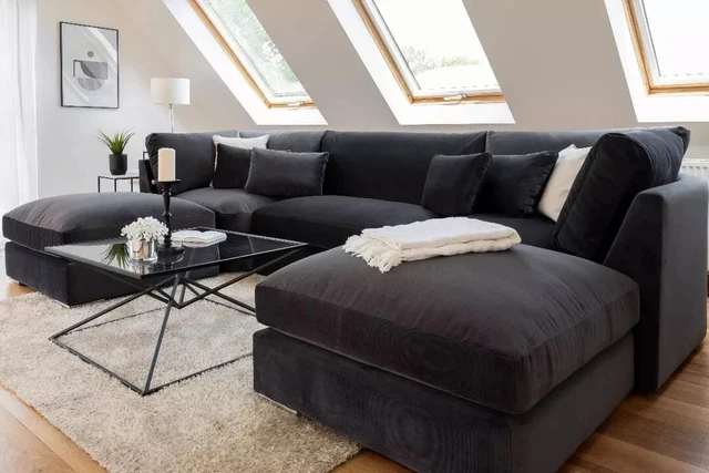 Darnall Belgravia Large U-Shape Corner Sofa In Plush Slate Velvet With Footstool