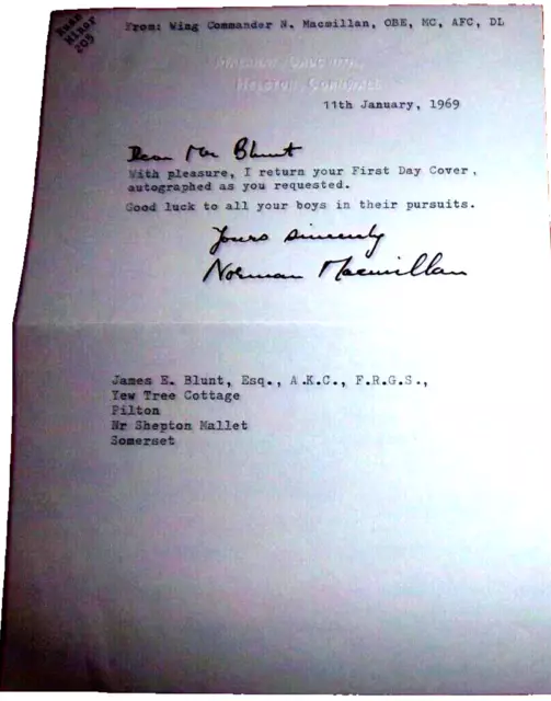 V/Rare - Wing Commander Norman Macmillan Mc,Afc,Obe Signed Letter