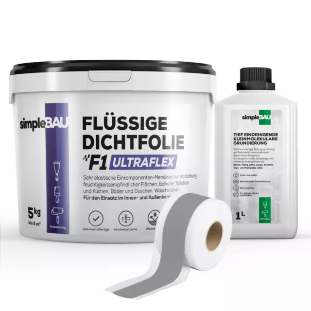 simpleBAU F1 Ultraflex Flüssig-Dichtfolie 5 kg +Grundierung 1L+  Dichtband 5M