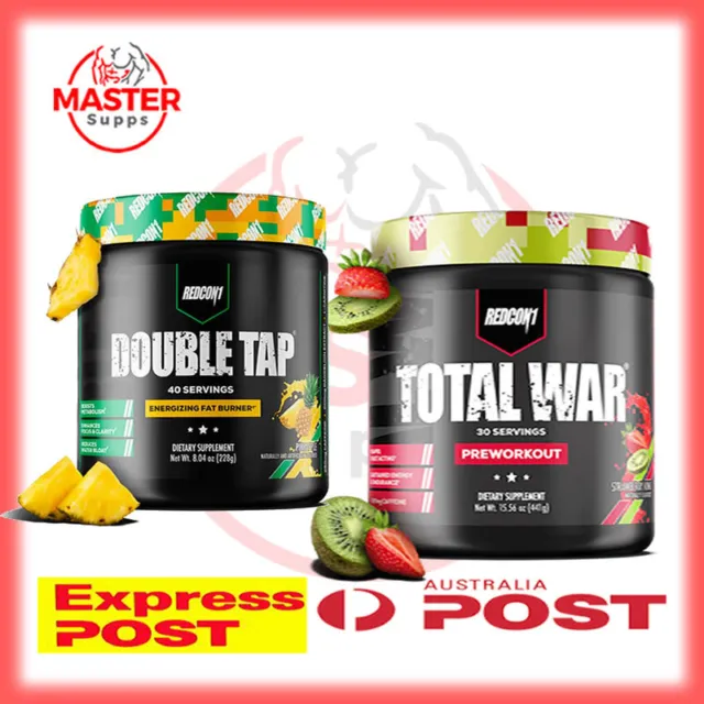 Redcon1 Total War  30 Srvs  Pre Workout + Double Tap 40 Srvs Fat Burner  Express