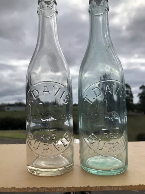 2 Old Vintage T. Davis Burnie Tas Pictorial Emu Cordial Bottles Aqua Blue/Clear