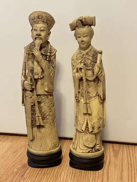 Antique Vintage Carved Chinese Statue Figure Immortal Royal Emperor Empress 10.5