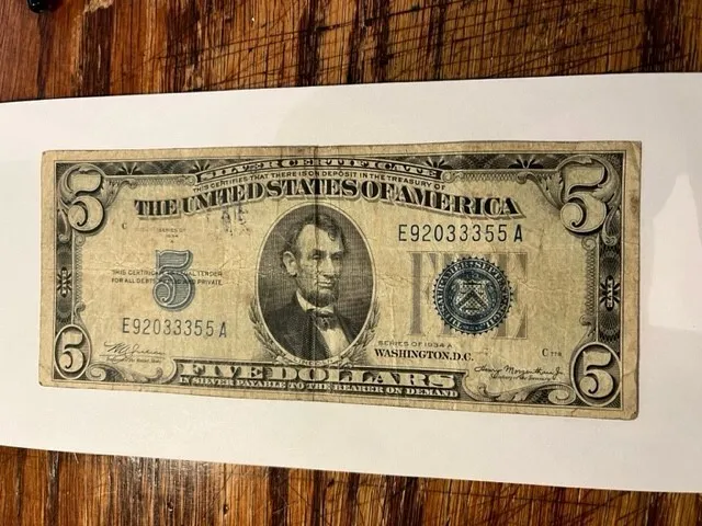 1934-A 5 Dollar Silver Certificate Blue Seal Note/Circ #16269