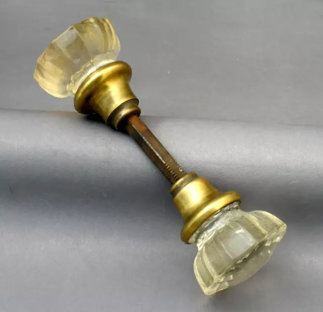 Antique 2 Glass 12 Pt Crystal Door Knobs Handles Vintage Brass Fittings Salvage