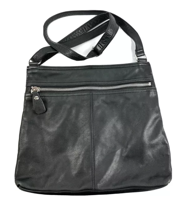 Margot Crossbody Bag Double Zip Black Leather Handbag Silver Accent Purse