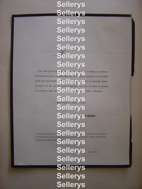 FAIRE PART DÉCÈS Joseph Théophile Parfait de Bésiade Duc d'Avaray 1859