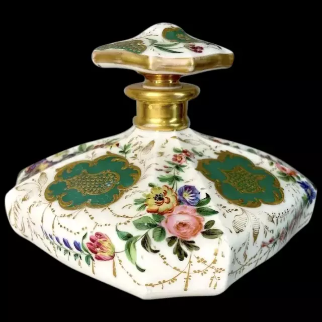 Exquisite 20th Ct French Porcelain Perfume Bottle adorned with Floral Splendor