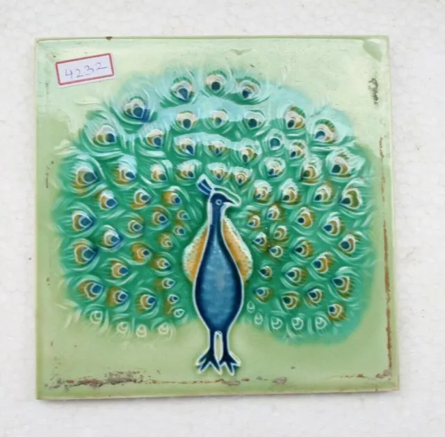Tile Majolica Peacock Dancing Vintage Made In Japan Art Nouveau Porcelain Nh4232