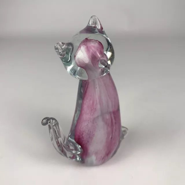 Vintage Art Glass Kitty CAT Paperweight 5" Figurine - Clear/Pink-Purple Swirl