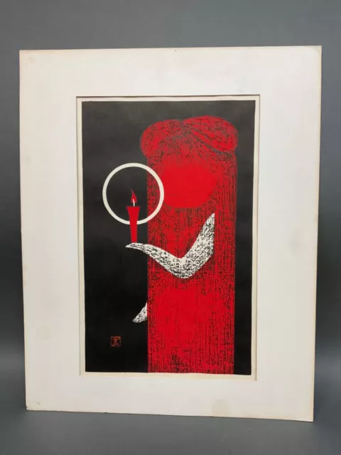 Red Candle by Kaoru Kawano -Vintage  Orig. Japanese Woodblock Print  Framed 2