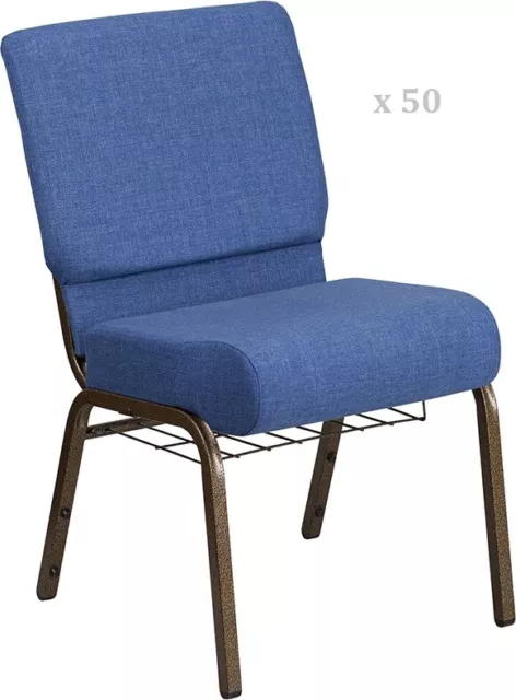 50x Blue 21'' Wide Church Chairs Copper Frame Book Rack 4” Seat Pad 800 Lb wt