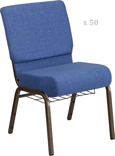 50x Blue 21'' Wide Church Chairs Copper Frame Book Rack 4” Seat Pad 800 Lb wt
