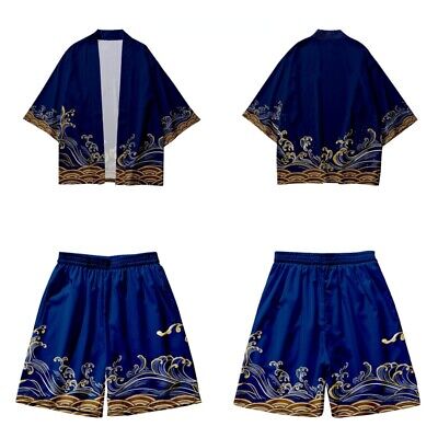 Uomo Kimono Set Casual Giacca Elastico Vita Shorts Giapponese Onda Top Retrò