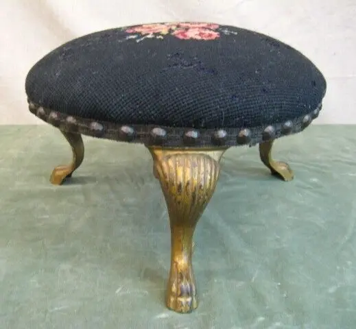 ANTIQUE VICTORIAN FOOTSTOOL OTTOMAN 3 LEG CLAW FOOT NEEDLEPOINT CAST IRON c1800s