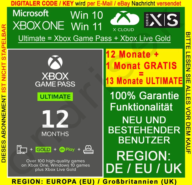 Xbox Game Pass Ultimate 12 Monate Key - Xbox/Win 10 PC Download Code - DE/EU/UK