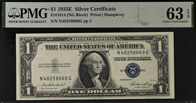 1935E $1 Silver Certificate PMG 63EPQ wanted popular Fr 1614