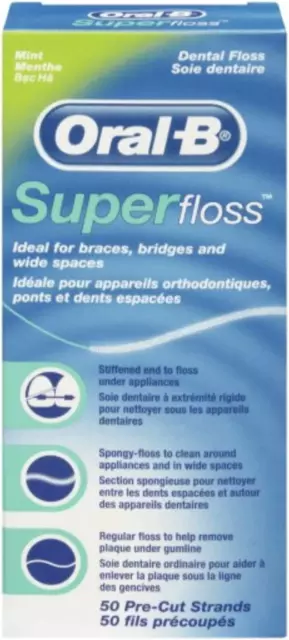 Oral-B Super Floss Mint Dental Floss for Braces Bridges - 50 Strips ( Packs 3 )