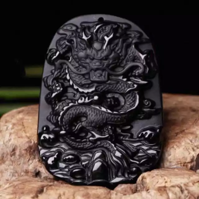 Natural Obsidian Carved Dragon Lucky Amulet Pendant Gold Quartz Silver Wedding