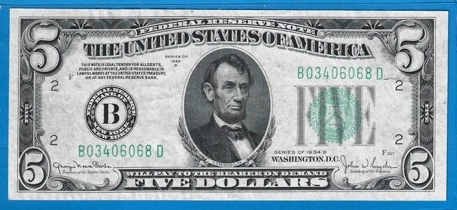 1934 D $5 FRN B-New York,Green Seal,Choice Crisp XF,Nice!
