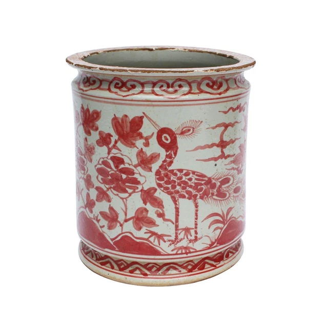 Legend of Asia Coral Red Orchid Pot With Bird Motif 1396-R