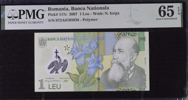 Romania  1  leu  2007  Polymer Pick 117c  Gem Uncirculated PMG 65 EPQ
