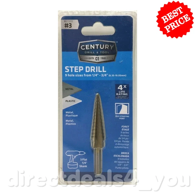 Century Drill & Tool 27202 #3 Step Drill Bit 9 Hole sizes from 1/4"-3/4"