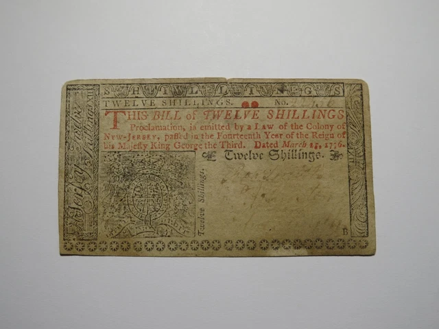 1776 Twelve Shillings New Jersey NJ Colonial Currency Note Bill! RARE ISSUE 12s