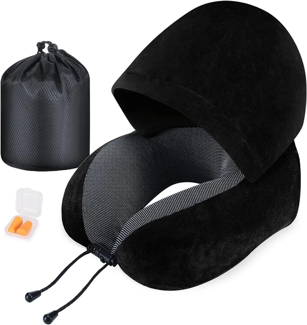 Hooded Neck Pillow for Travel with Hood for Airplane Velvet Memory Foam Head
