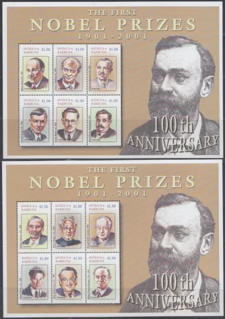 ANTIGUA & BARBUDA Sc# 2517-8 SET of 2 SHEETS x 6 STAMPS - NOBEL PRIZES CENTENARY