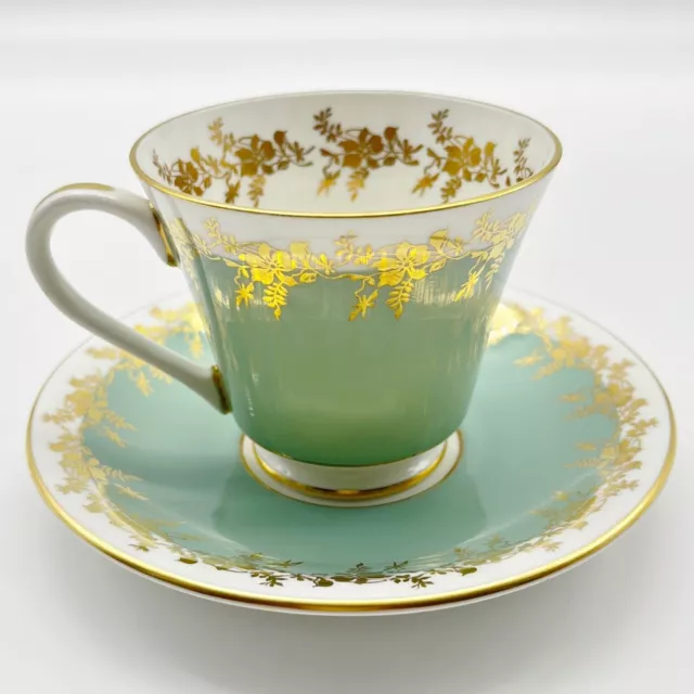 Vintage Aynsley England Bone China Cup and Saucer Soft Green/White/Gold