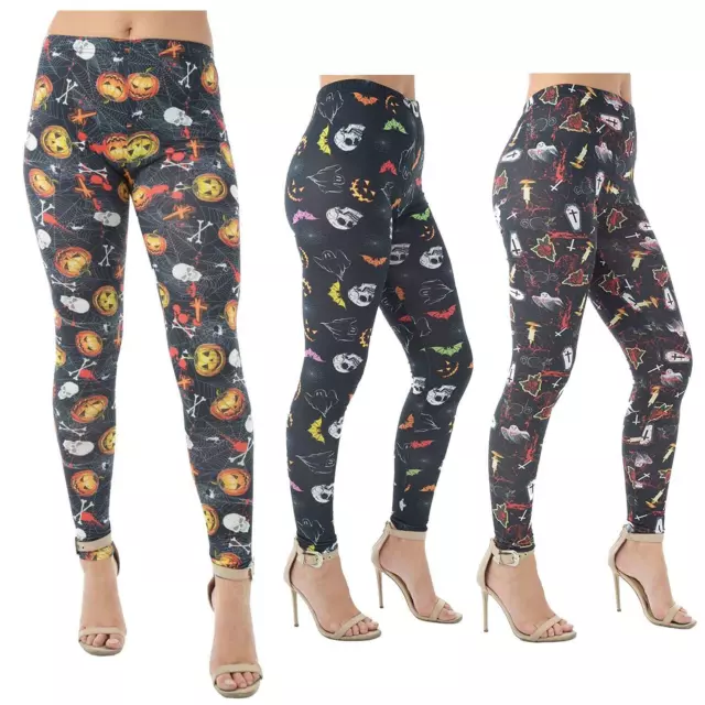 Leggings pantaloni magri donna teschio ragnatela multi pipistrello stampa zucca