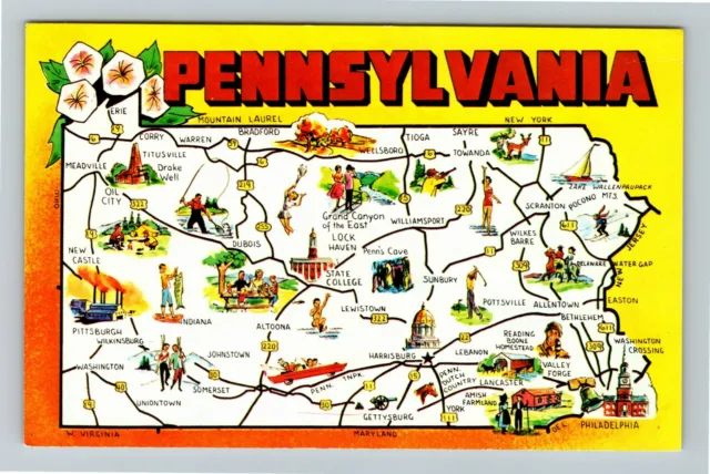 PA- Pennsylvania, Aerial View, Map, Roads, Landmarks, Vintage Postcard