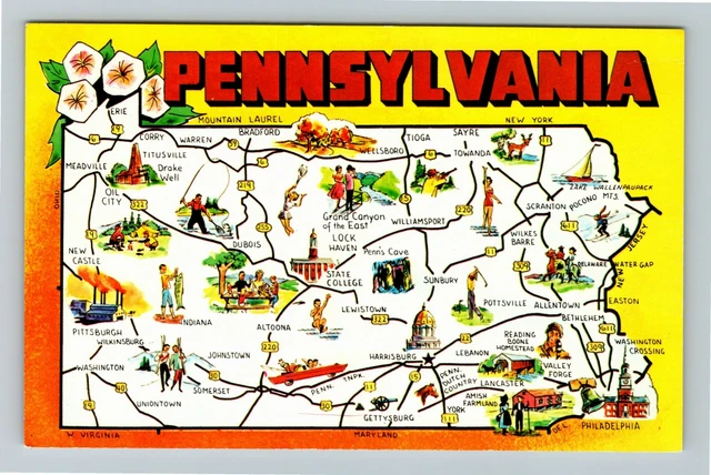 PA- Pennsylvania, Aerial View, Map, Roads, Landmarks, Vintage Postcard