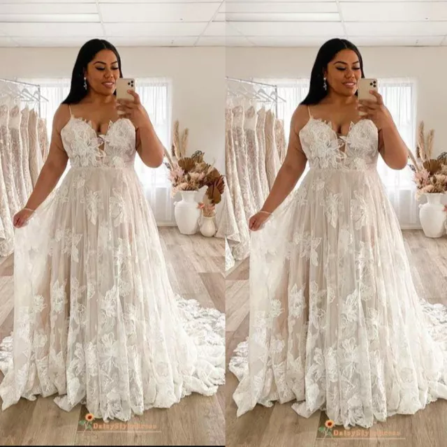 Plus Size Beach Boho Lace Wedding Dresses Strap Lace AppliquesVNeck Sweep Trains