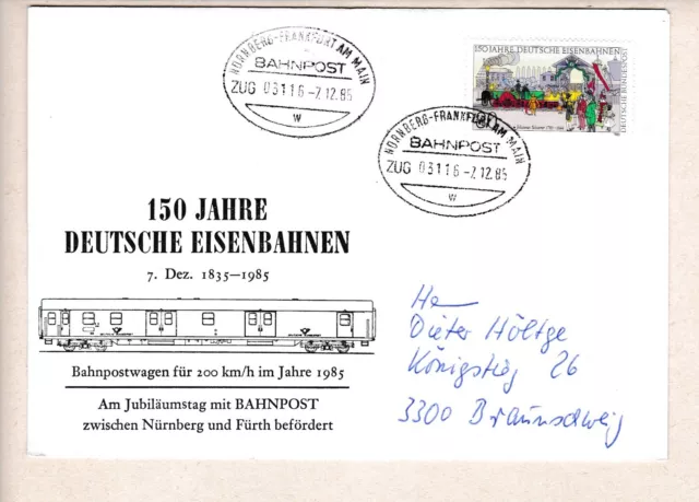 Brief Nürnberg Frankfurt Main Bahnpoststempel 150 Jahre Eisenbahn Fürth ..... m4