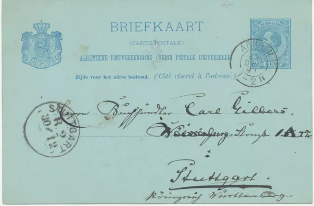 NL 1891 König Wilhelm III 5 C. blau Kab.-GA-Postkarte „ARNHEM“ nach „STUTTGART"