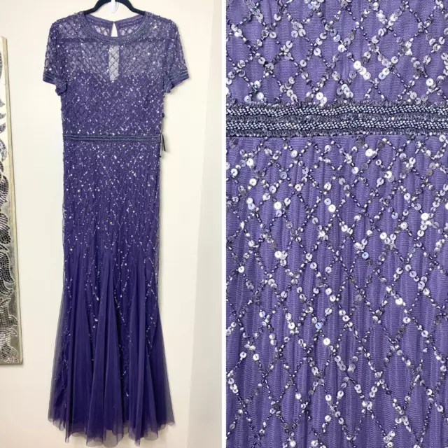 Adrianna Papell Dress Gown Beaded Sequin Long Formal Evening Maxi Prune 8 New