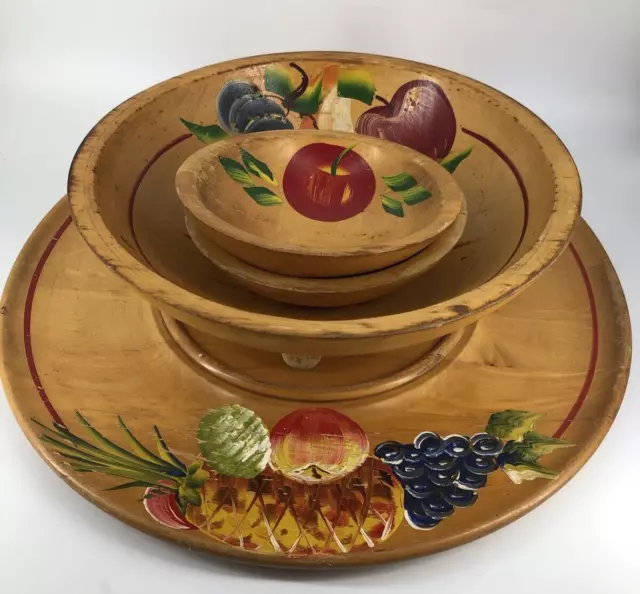 Vintage Hand Painted Wooden Footed Serving Bowl Platter Salad Bowls Set of 4