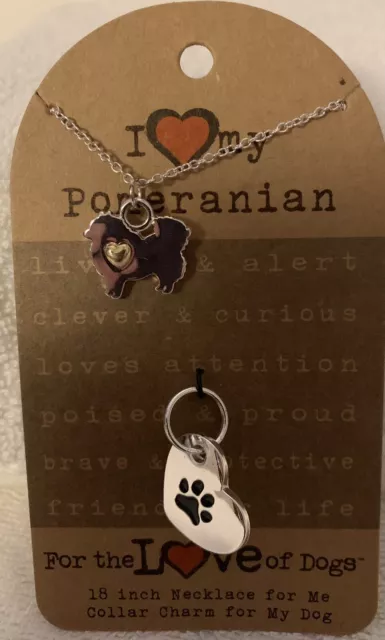 Pomeranian Dog Necklace & Collar Charm Set 16” For the Love of Dogs  NEW in PKG