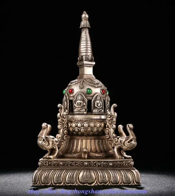 8.8 " Old Tibet Buddhism Copper Silver inlay Gem Shakyamuni Buddha Pagoda