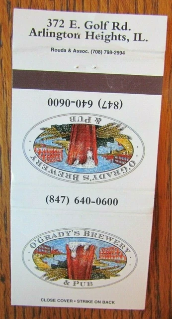 O'grady's Brewery Brew Pub Matchbook Matchcover (Arlington Heights, Illinois) E1