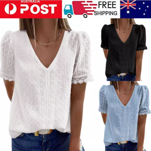 Women V Neck Summer Ladies T-Shirt Blouse Short Sleeve Pullover Loose Shirt Tops