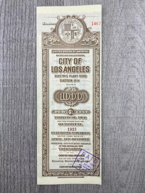 1924 California City of Los Angeles - Electric Plant   Bond Election 1924