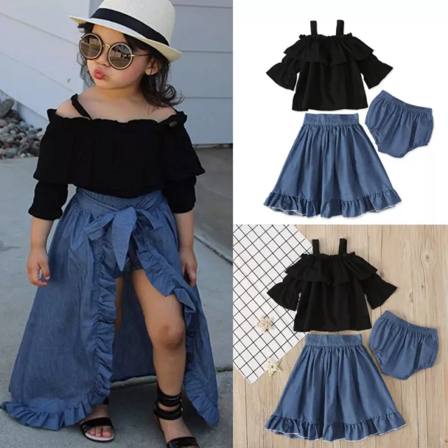 Toddler Newborn Kids Baby Girls Clothes Halter Tops Ruffle Denim Skirts Outfits