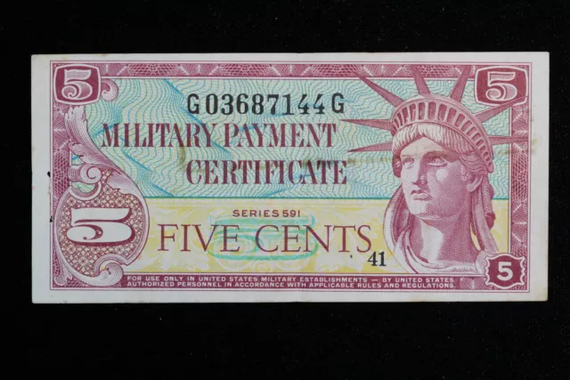 1960s Five Cents (5C) Military Payment Certificate-43 Series 591 Fr.M861 AU 4GGT