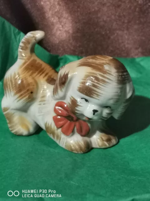 Vintage Puppy Dog Figurine 2.5" Miniature Porcelain Brown White With Bow Japan