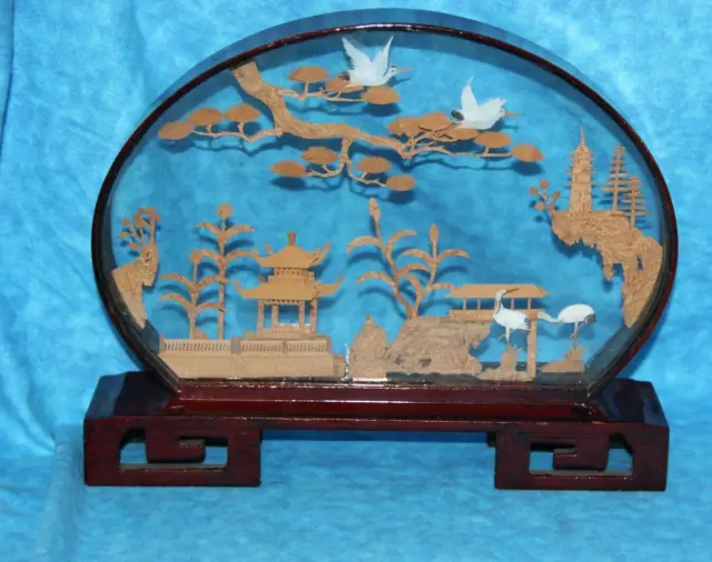 Vintage Oval ORIENTAL CHINESE CORK PICTURE Diorama 11 inch