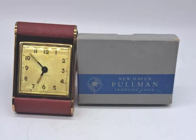 Vintage New Haven Folding Traveling Clock Red Gold Leather Fancy Boxed