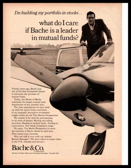 1965 Bache & Co. Mutual Funds & Stocks Investment Portfolio Private Jet Print Ad